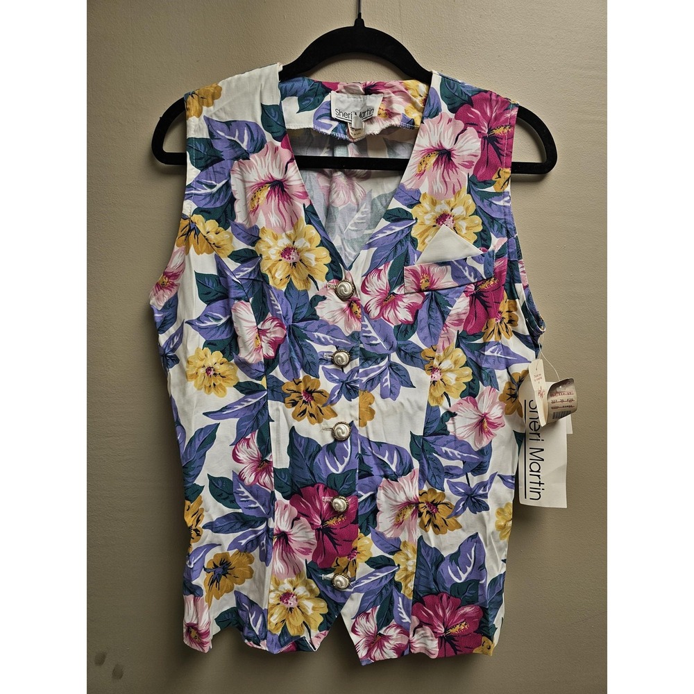 Vintage Sheri Martin Vest Womens 12 Floral Sleeveless Button Up Made USA 90s